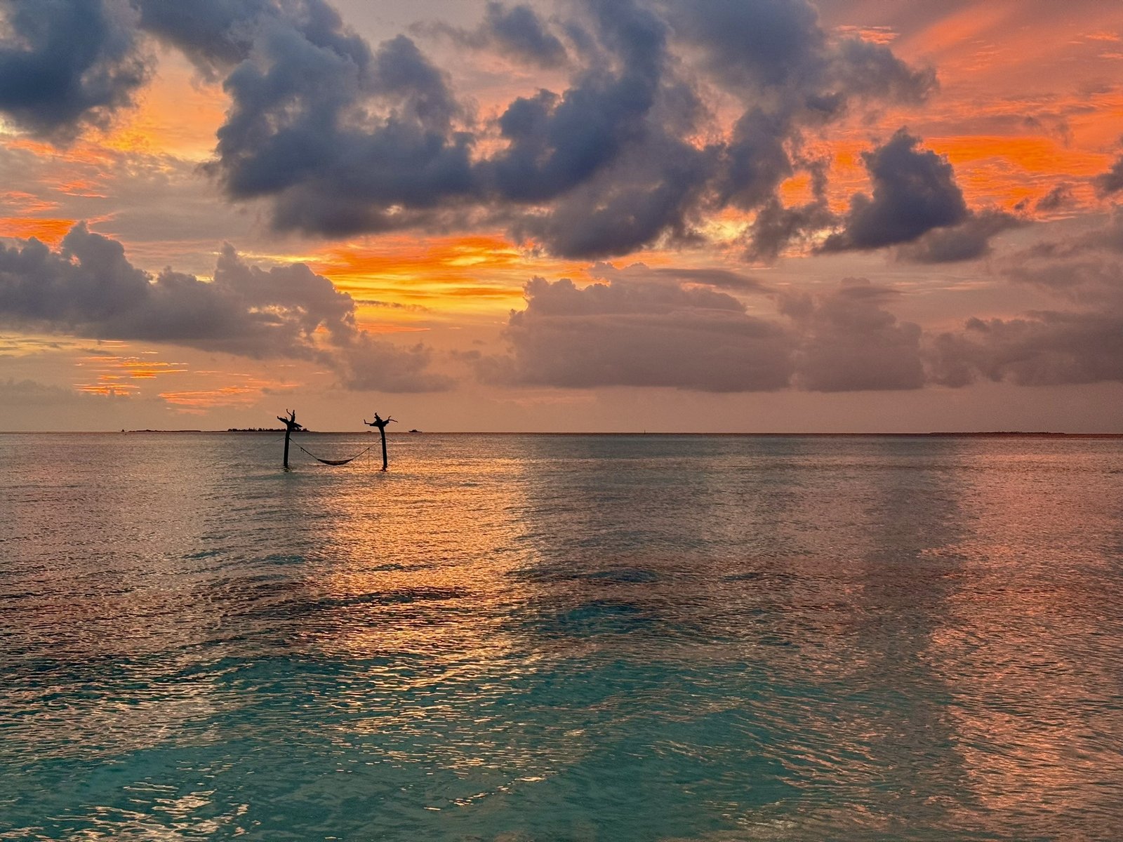 Sunset over a calm sea with a hammock silhouetted